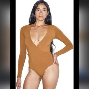 American Apparel Cotton Spandex Cross V Bodysuit Mustard Yellow Size Large